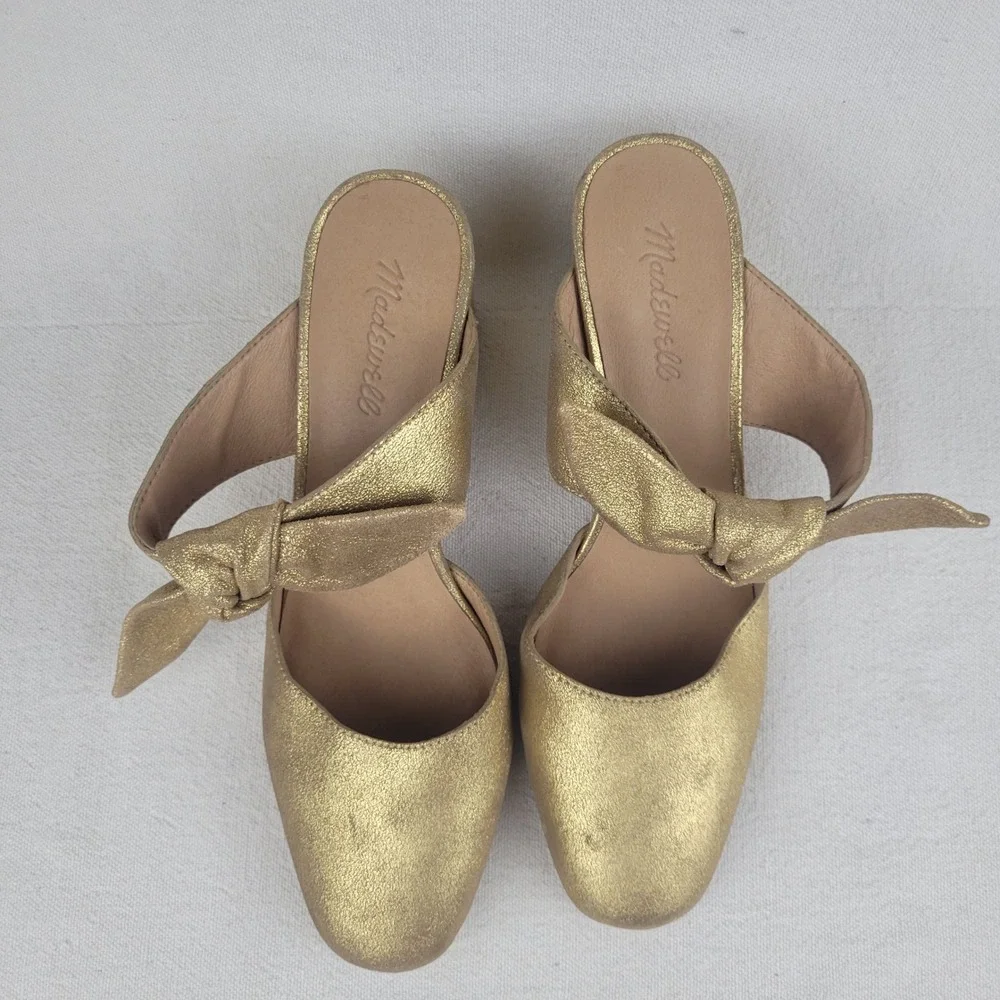 Madewell The Zoe Bow Mule Gold Metallic Leather 3" Block Heel Women's Size 6 - Picture 3 of 7
